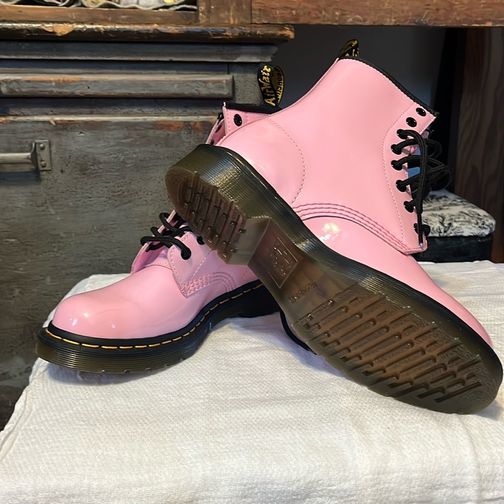 Dr. Martens Pink Patent 8-Eye Lace-Up Boots